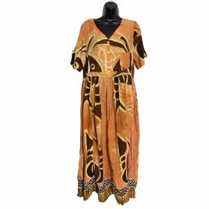 VINTAGE 90s SPA INDONESIA BOHO EARTH TONE ABSTRACT PRINT MAXI DRESS RAYON SIZE L